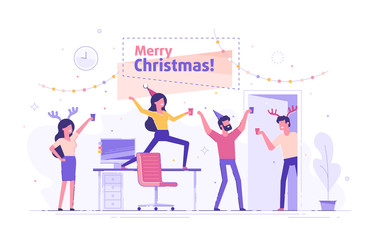 Happy business people at a Christmas and New Year's corporate party. Positive men and women with champagne dancing and having fun. Set of modern vector characters.