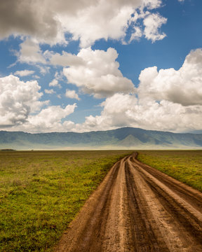 Dirt road passing through grassy landscape against cloudy sky