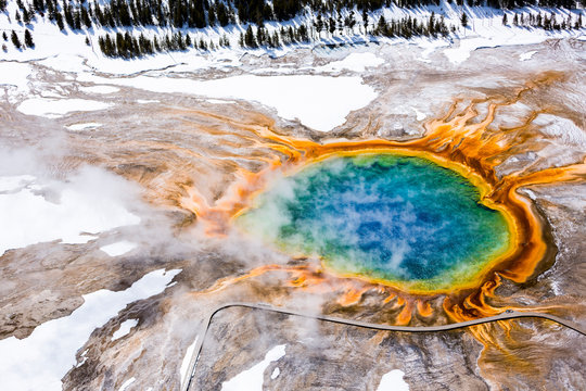 Aerial view of hot spring at Yellowstone National Park