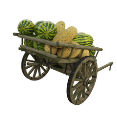 watermelon and melon in a wooden cart
