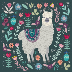 Cute llama with floral elements, template for card and your design. Hand drawing flat doodles