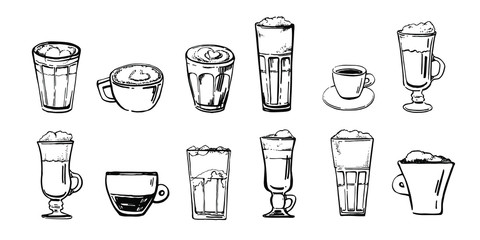 Types of coffee drinks. Hand drawn sketch vector set. Black outline on white background