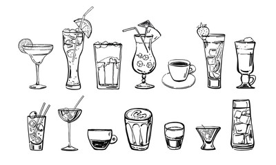 Different coffee and cocktail drinks set. Hand drawn outline cartoon vector sketch. Black on white background