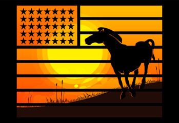 USA flag double exposure. Sunrise Ranch and horse.