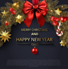 Obraz na płótnie Canvas Merry Christmas and Happy New Year greeting poster with fir branch and red bow.