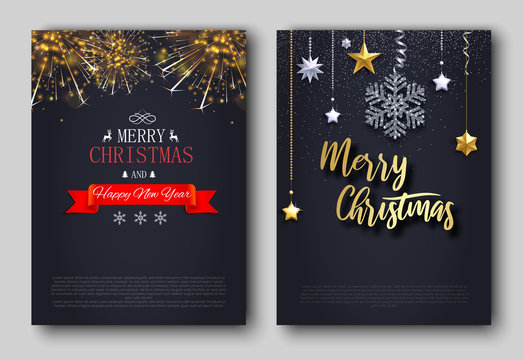 Merry Christmas and Happy New Year greeting cards with snowflake and fireworks.
