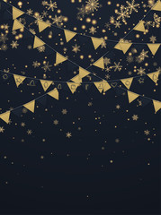 Black festive background with golden paper flags and snowflakes.
