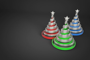 Abstract festive spiral christmas tree made of silver ribbons with star. 3d render illustration on black background.