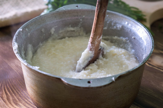 Ghomi, popular dish from Samegrelo region made of white coarse cornmeal, in big kettle. Georgian traditional food