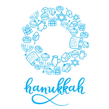 Set of Hanukkah Design Elements in doodle style. Traditional attributes of the menorah, dreidel, oil, Torah, donut. Round frame