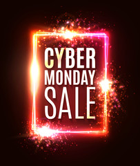 Cyber Monday sale neon sign. Abstract laser rectangle background with light explosion burst flares sparkles. Shining square sign on dark red backdrop. Banner design template. Color vector illustration