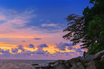 Rocky seashore, trees and sunset over the sea