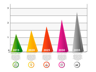 Modern 3D vector illustration. Infographic template with five elements, pyramids. Contains icons and text. Designed for business, presentations, web design, 5 step diagrams