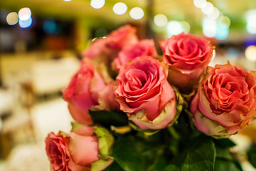 Close up of a beautiful blurry bouquet of roses in soft colors. Bockeh background, restaurant in deaf. Shallow depth of focus. Concept flower for you.