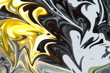 Liquify Abstract Pattern With Grey, Brown, Yellow, Black And Green Graphics Color Art Form. Digital Background With Liquifying Flow.