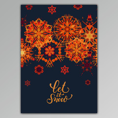 Greeting card with hand paint watercolor snowflakes. Warm colors