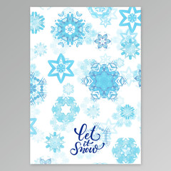 Greeting card with watercolor hand paint blue watercolor snowflakes