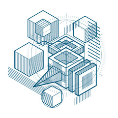 Isometric abstraction with lines and different elements, vector abstract background. Composition of cubes, hexagons, squares, rectangles and different abstract elements.