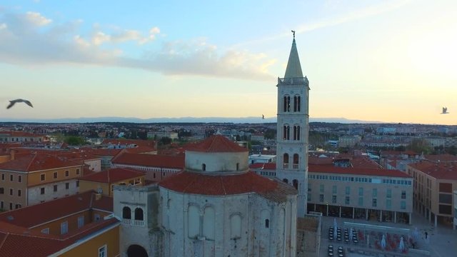 Zadar croartia city skyline aerial view flyover old town zadar church cathedral.