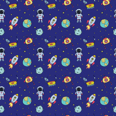 Seamless pattern with hand drawn different space objects.