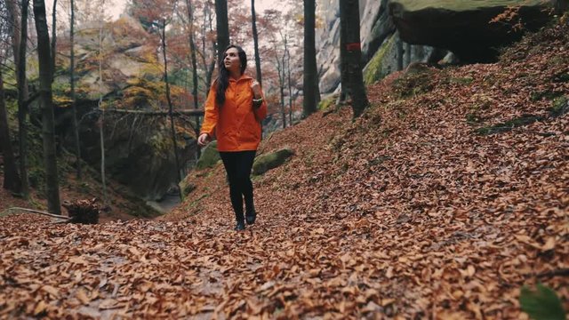 Slow motion brunette attractive young woman walk smile look around in forest outdoors with yellow leaves foliage autumn backpack hiker vacation portrait slow motion