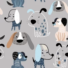 Stickers pour porte Chiens Modèle sans couture enfantin avec des chiens créatifs drôles. Fond de vecteur scandinave à la mode. Parfait pour les vêtements pour enfants, le tissu, le textile, la décoration de chambre d& 39 enfant, le papier d& 39 emballage