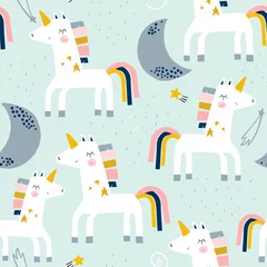 Wall murals Unicorn Seamless childish pattern with cute unicorns and moons . Creative scandinavian kids texture for fabric, wrapping, textile, wallpaper, apparel. Vector illustration