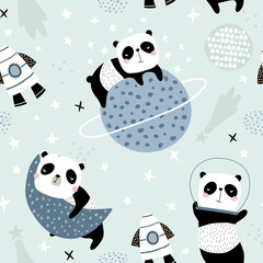Seamless childish pattern with slepping pandas on moons and starry sky. Creative kids texture for fabric, wrapping, textile, wallpaper, apparel. Vector illustration