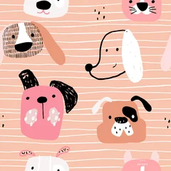 Stickers pour porte Chiens Modèle sans couture enfantin avec des chiens dessinés à la main. Fond de vecteur scandinave à la mode. Parfait pour les vêtements pour enfants, le tissu, le textile, la décoration de chambre d& 39 enfant, le papier d& 39 emballage