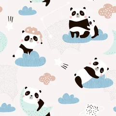 Tapeten Kinderzimmer Nahtloses Muster mit niedlichen schlafenden Pandas, Mond, Regenbogen, Wolken. Kreativer Gute-Nacht-Hintergrund. Perfekt für Kinderbekleidung, Stoff, Textil, Kinderzimmerdekoration, Geschenkpapier. Vektorillustration