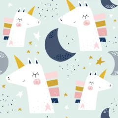 Crédence en verre imprimé Motif enfantin sans couture avec de jolies licornes et lunes. Texture créative d& 39 enfants scandinaves pour le tissu, l& 39 emballage, le textile, le papier peint, l& 39 habillement. Illustration vectorielle