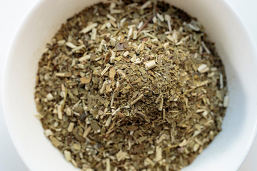 Yerba mate (Ilex paraguariensis) with stems, top view close-up