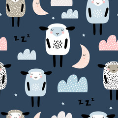 Naadloze patroon met schattige slapende schapen, maan, wolken. Creatieve goede nacht achtergrond. Perfect voor kinderkleding, stof, textiel, kinderkamerdecoratie, inpakpapier. Vectorillustratie