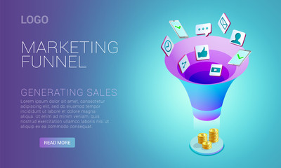 Landing page design, template with concept of marketing funnel, marketing strategies, earnings money, attraction new clients, vector illustration