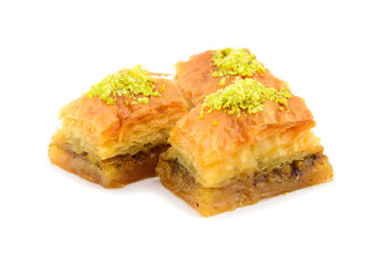 Baklava Pastry with Pistachio. Isolated on White Background.
