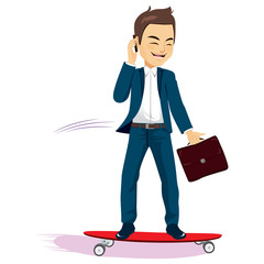 Businessman riding skate using smartphone go to work