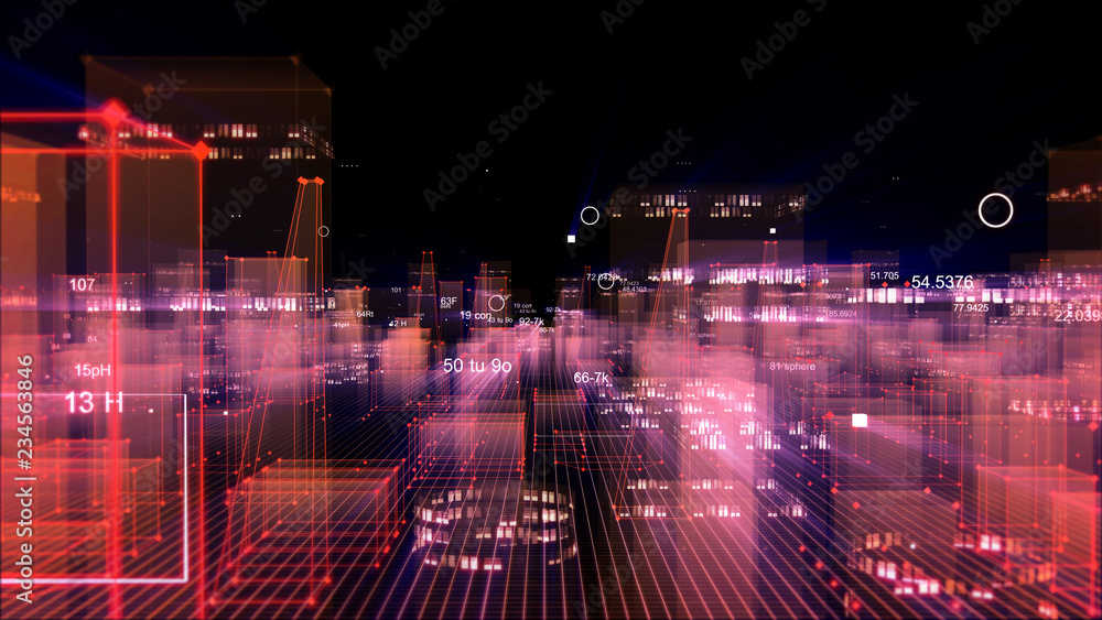 Poster technological digital background consisting of a futuristic city with data