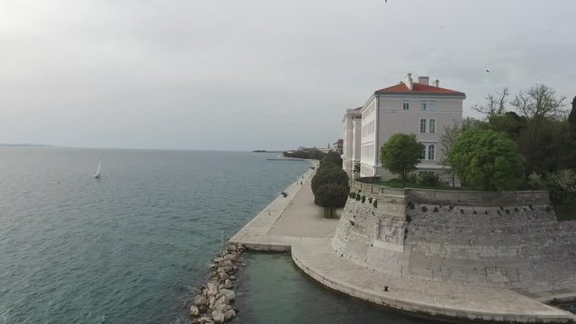 Zadar croatia aerial skyline view fly over sea in old town croatia.