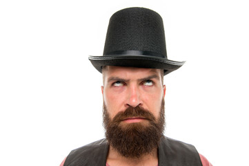Circus worker. Let performance begin. Man bearded hipster cylinder. Weird things going on his...