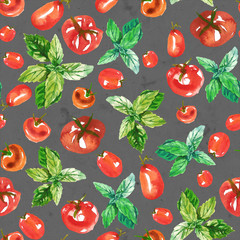 Seamless watercolor surface pattern from fresh ripe tomatoes and green basil on dark gray stone like background. Fresh tomatoes flat lay, view from above.