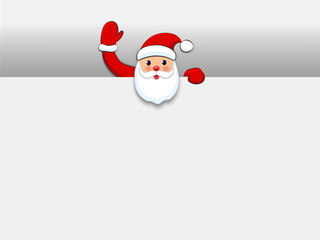 Santa Claus welcome with big signboard. Santa Frost holding empty sign. Place for text. Xmas greeting card, Christmas invitation, advertisement banner. White background. Paper cut Vector illustration.