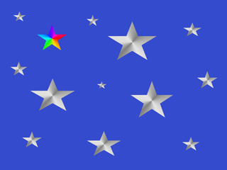 Obraz premium BUnte und silberne Sterne auf dem blauen Hintergrund