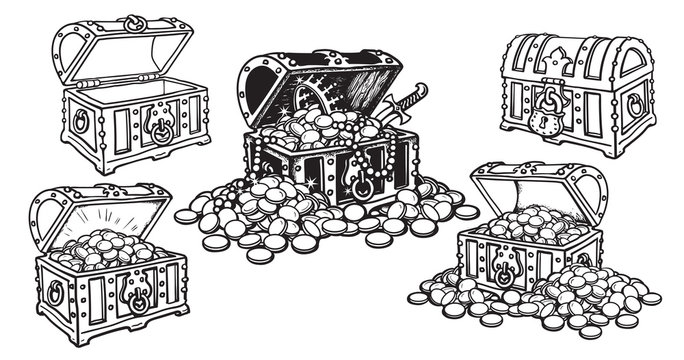 Set of pirate treasure chests in sketch style open and closed, empty and full of gold coins and jewelry. Hand drawn vector.