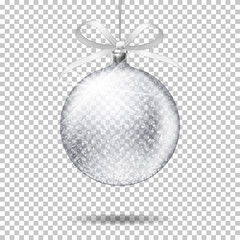 Realistic transparent christmas ball with bow, isolated on transparent background. 