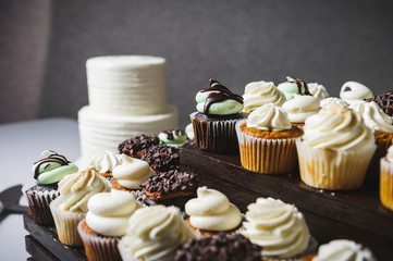 Obraz na płótnie Canvas delicious homemade cupcakes and wedding cake