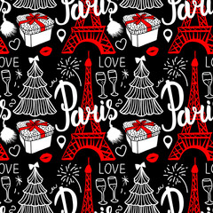 Lettering Paris and Eiffel Tower. Seamless pattern Merry Christmas and Happy new year fashion sketch gift box, tree and fireworks. Hand drawn Vector illustration isolated on dark background.
