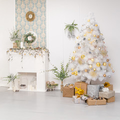 White room with Christmas and New Year decorated interior