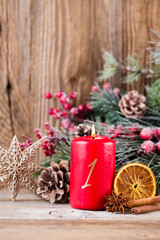 Christmas greeting card. Festive decoration on wooden background. New Year concept. Copy space.  Flat lay. Top view.