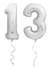 Silver chrome number 13 made of inflatable balloon with ribbon on white - obrazy, fototapety, plakaty