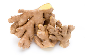 Ginger bio and lemon on white background.